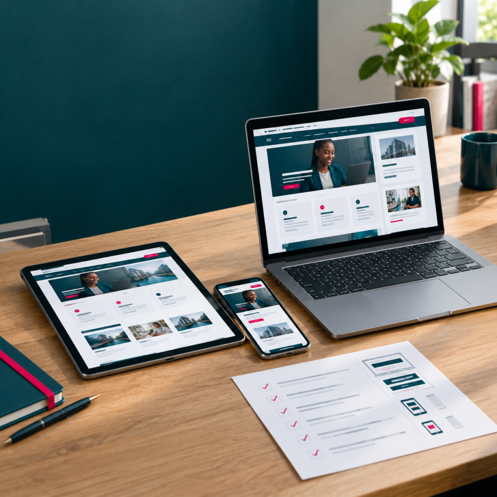 Site web testé simultanément sur ordinateur, tablette et smartphone.