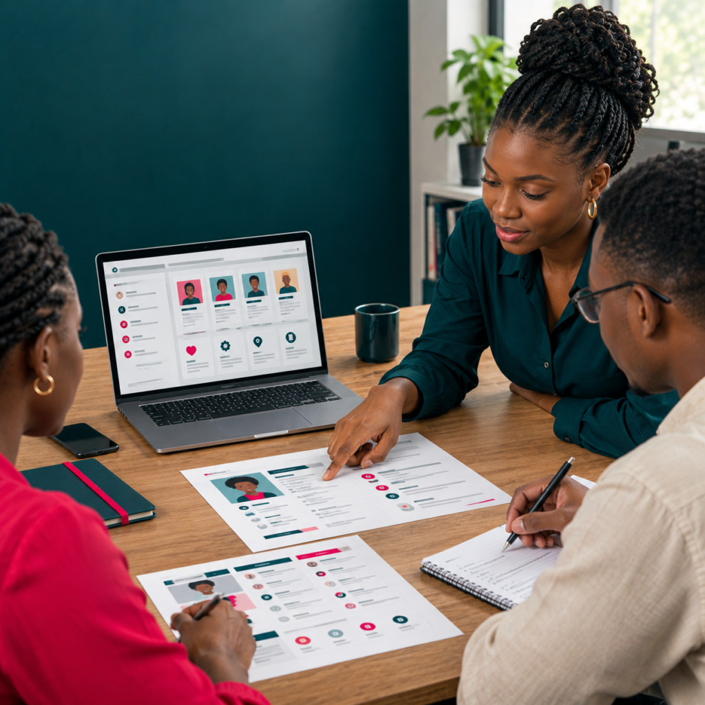 Équipe marketing analysant différents profils de clients et leurs besoins.